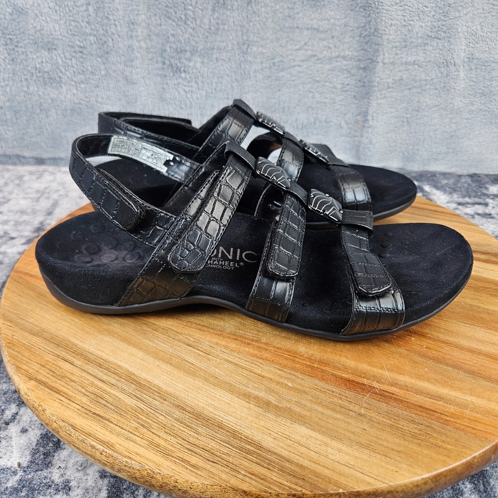 Vionic Amber Sandals Womens 7 Black Adjustable Strappy Slingback Orthaheel